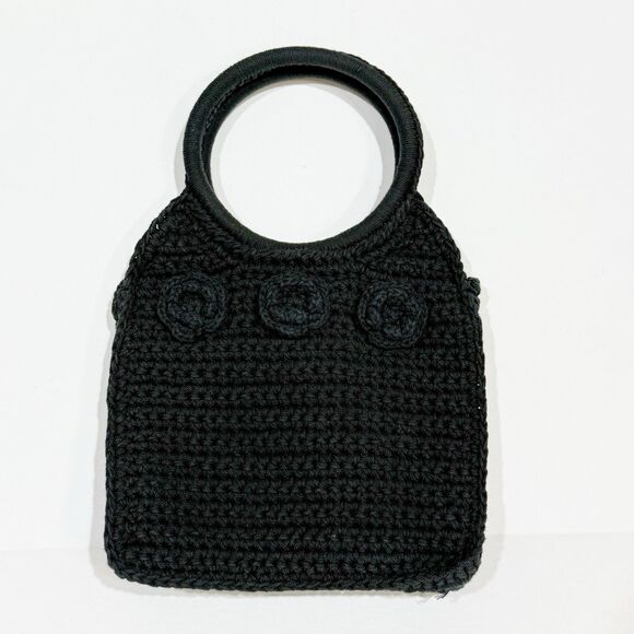 WOMEN CROCHET BLACK VINTAGE CLUTCH PURSE HANDBAG BAG WITH FLOWERS BOHO STYLE - Picture 12 of 15